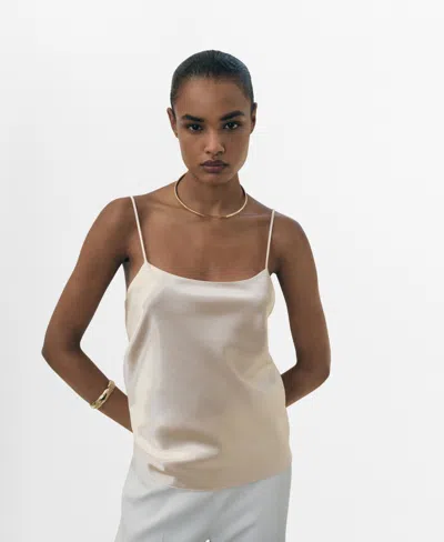 Mango Satin Dress With A Low-cut Neckline Ivory White In Gold