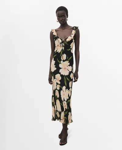 Mango Floral Print Ruffle Dress In Green