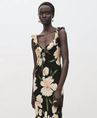 Mango Floral Print Ruffle Dress In Green