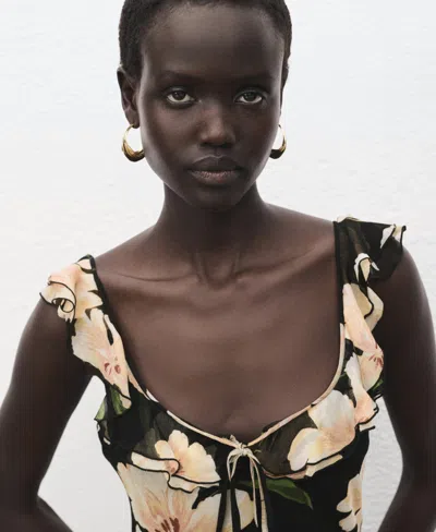 Mango Floral Print Ruffle Dress In Green