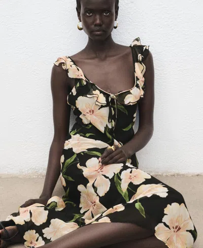 Mango Floral Print Ruffle Dress In Green