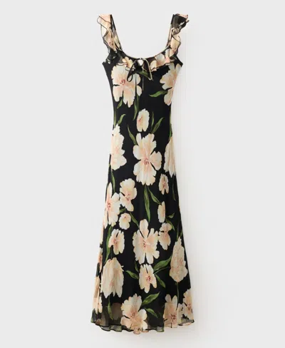 Mango Floral Print Ruffle Dress In Green