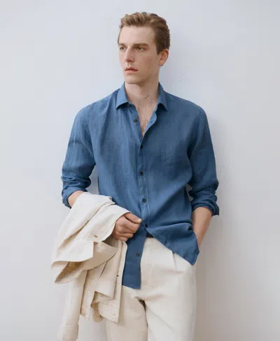 Mango Regular Fit Linen Button-up Shirt In Blue