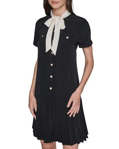 Karl Lagerfeld Bow Neck Pleated Skirt Dress In Black