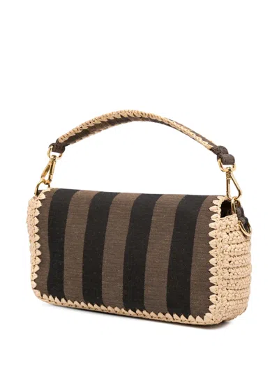 Pre-owned Fendi 2000-2010 Pequin Gingham Canvas And Raffia Baguette Satchel In Brown