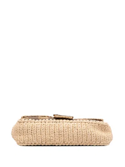 Pre-owned Fendi 2000-2010 Pequin Gingham Canvas And Raffia Baguette Satchel In Brown