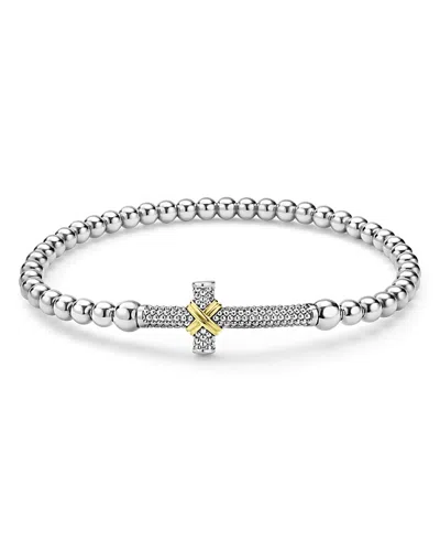 Lagos 18k Yellow Gold & Sterling Silver Signature Caviar East West Cross Beaded Stretch Bracelet In Metallic