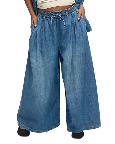 Ingrid & Isabel Wide Leg Drawstring Denim Maternity Pants In Med Wash In Blue