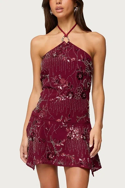 Edikted Adria Beaded Sequin Halter Minidress In Burgundy