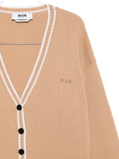 Msgm Long-sleeved Cardigan Sweater With Deep V-neckline And Button-down Front In Pink
