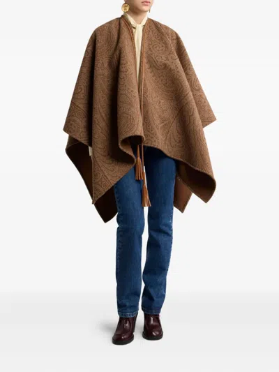 Etro Leather-trimmed Paisley-print Wool-blend Poncho In Brown