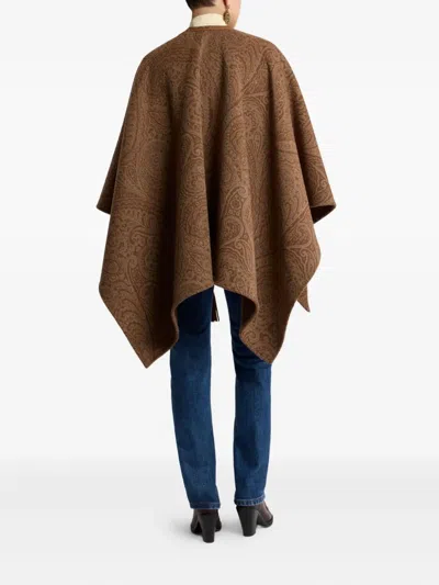 Etro Leather-trimmed Paisley-print Wool-blend Poncho In Brown
