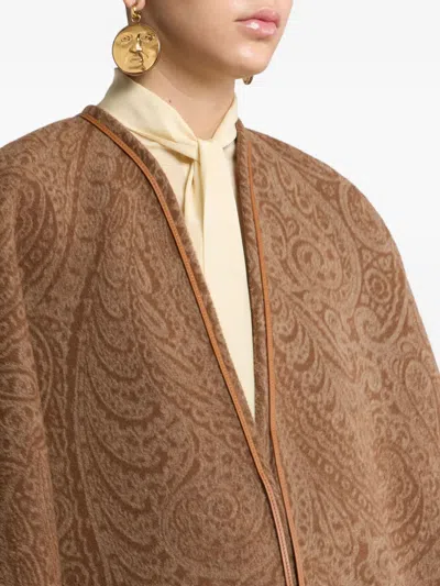 Etro Leather-trimmed Paisley-print Wool-blend Poncho In Brown