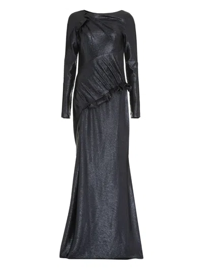 Talbot Runhof Draped Ruffled Maxi Dress In Blue