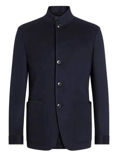 Zegna Cashmere Coat With Pockets And Collar In Blue
