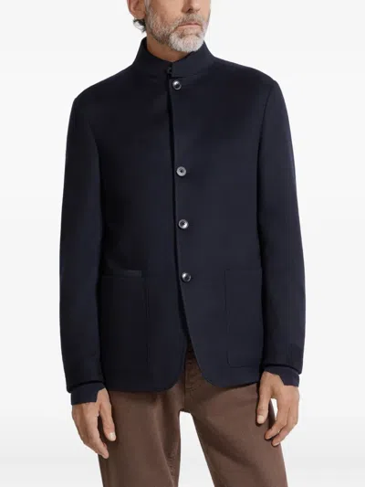 Zegna Cashmere Coat With Pockets And Collar In Blue