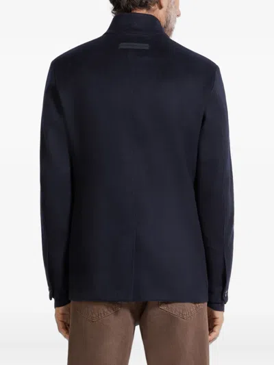 Zegna Cashmere Coat With Pockets And Collar In Blue