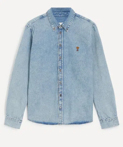 Ami Alexandre Mattiussi Classic Blue Denim Shirt With Structured Collar And Button-down Front In Blue