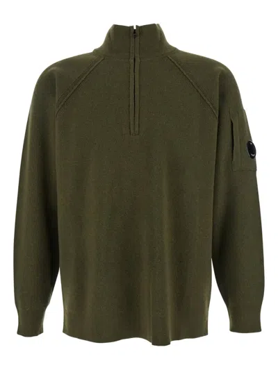 C.p. Company Men Green Turtleneck Sweater With Logo Plaque On The Sleeve In Wool Man In Green