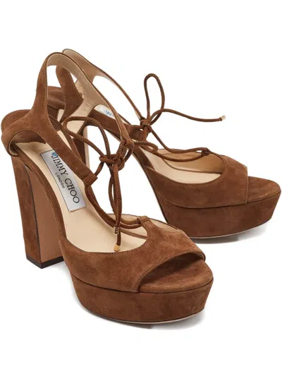 Pre-owned Jimmy Choo 100mm Platform Block-heel Sandals In Brown