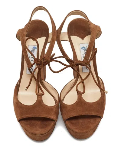 Pre-owned Jimmy Choo 100mm Platform Block-heel Sandals In Brown