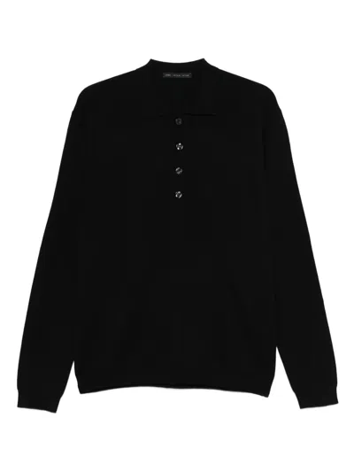 Low Brand Black Sweater With Polo Shirt Style Collar And Long Sleeves In Wool Man In Black