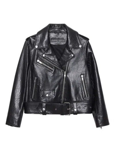 Stand Studio Biker Jacket With Belted Waist And Epaulettes In Black