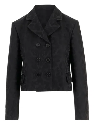 Chloé Double Breasted Floral Jacquard Wool Blend Crop Jacket In Black