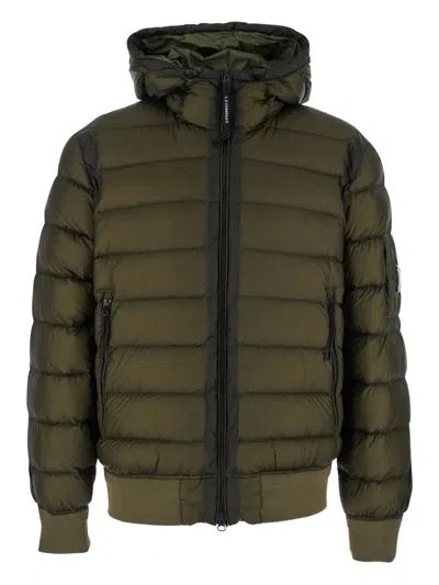 C.p. Company Men Green Down Jacket With Fixed Hood And Goggle Detail In Tech Fabric Man In Green