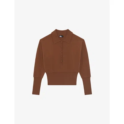 The Kooples Womens Camel Polo-collar Button-up Wool-blend Jumper In Brown