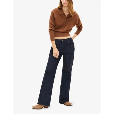 The Kooples Womens Camel Polo-collar Button-up Wool-blend Jumper In Brown