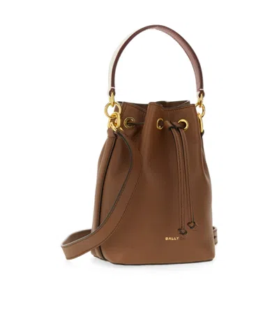 Bally Logo Printed Drawstring Bucket Bag In Brown