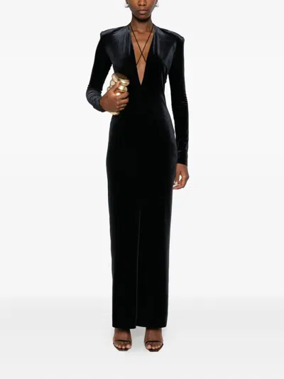 丝绒V领超长连衣裙