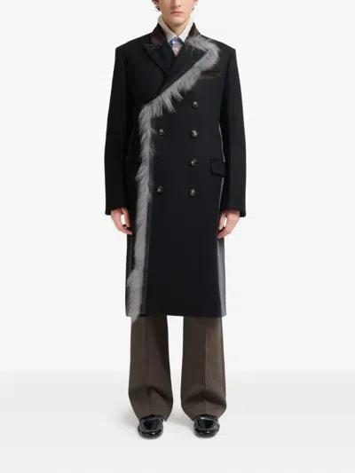 Marni Double-breasted Fur-trimmed Coat In Black