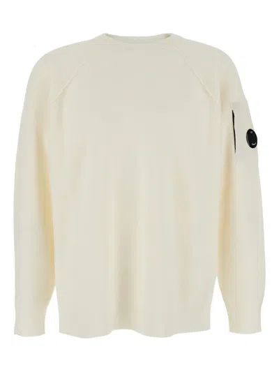 C.p. Company Men White Crewneck Sweater With Logo Plaque On The Sleeve In Wool Blend Man In White