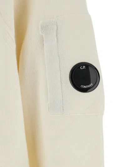 C.p. Company Men White Crewneck Sweater With Logo Plaque On The Sleeve In Wool Blend Man In White