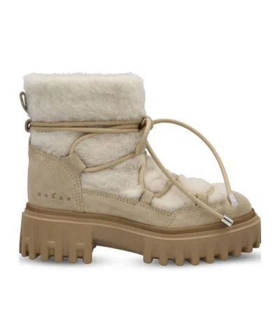 Hogan H700 Shearling-trimmed Suede Ankle Boots In Brown