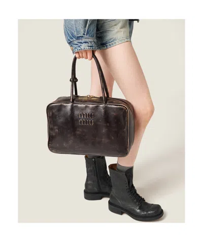 Miu Miu Beau Vintage-effect Nappa Leather Bags In Brown