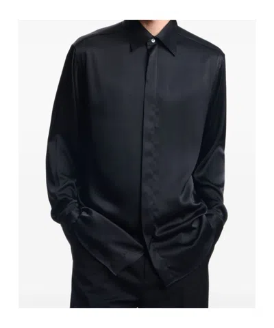 Emporio Armani Long Sleeve Satin Shirt With Spread Collar In Black