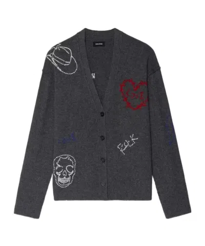 Zadig & Voltaire Mirkaz West Graph Embroidered Cashmere Cardigan In Gray