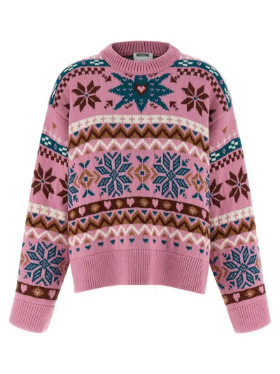 Moschino Wool Sweater With Intarsia Design And Crew Neck In Pink