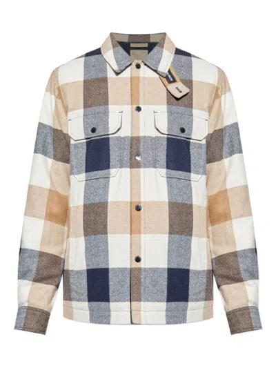 Woolrich Checked Wool Blend Shirt Jacket With Chest Pockets In Neutral