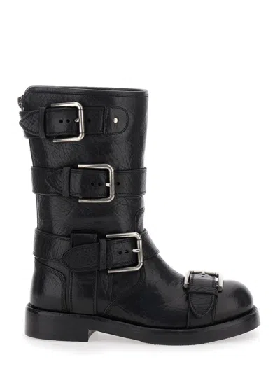 Dolce & Gabbana Leather Boot With Buckles In Black