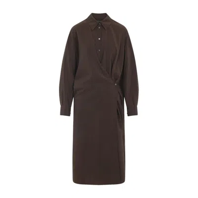Lemaire Silk Midi Dress With Wrap-style Front And Shirt Collar In Brown