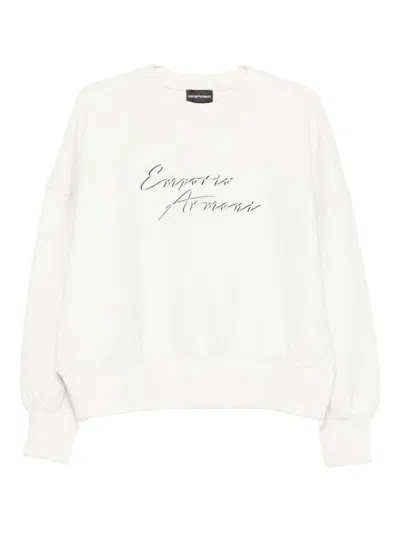Emporio Armani Logo Crewneck Sweatshirt With Ribbed Cuffs In White