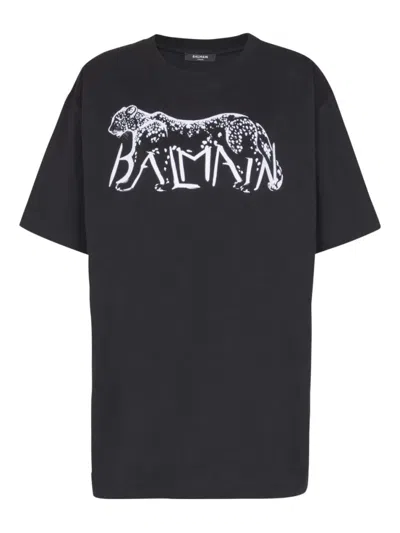 Balmain Leopard Print Cotton T-shirt In Black