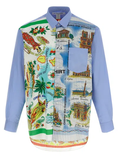 Comme Des Garçons Asymmetric Hem Shirt With Vibrant Landmark Prints In Multi