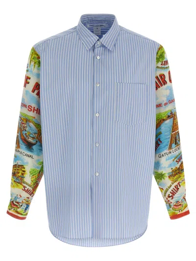 Comme Des Garçons Patterned Sleeve Cotton Poplin Shirt With Asymmetrical Hem In Blue