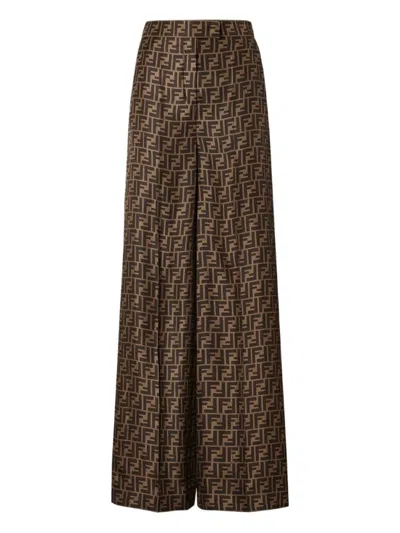 Fendi Ff Silk Twill Wide Leg Trousers In Brown