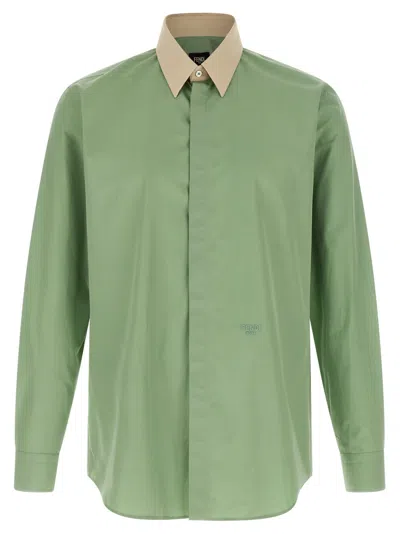 Fendi Contrast-collar Logo-embroidered Shirt In Green